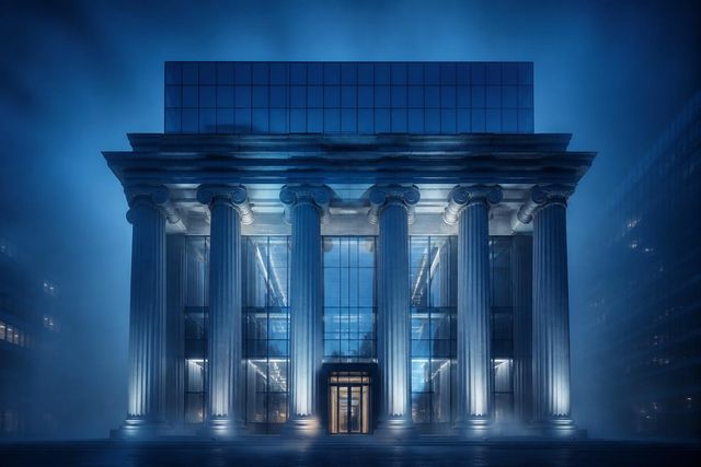 Classical institutional facade at blue hour